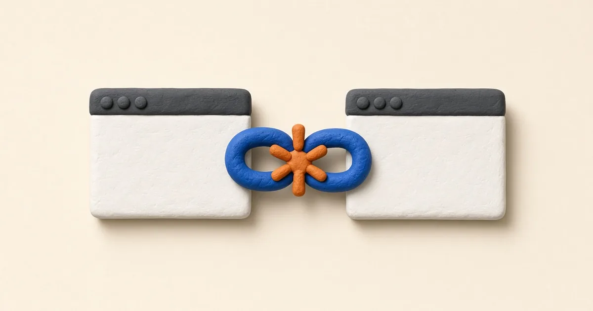 A blue chain link connecting two white browser windows, with a small orange spark at the joint, on a cream background