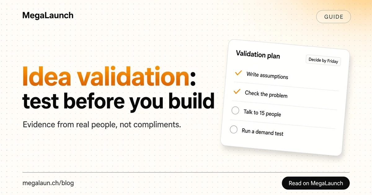 Blog cover showing an idea validation checklist with problem, interviews and demand test steps