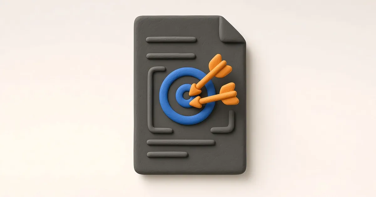 A charcoal one-page plan with a blue target and two orange arrows pointing at it, on a cream background