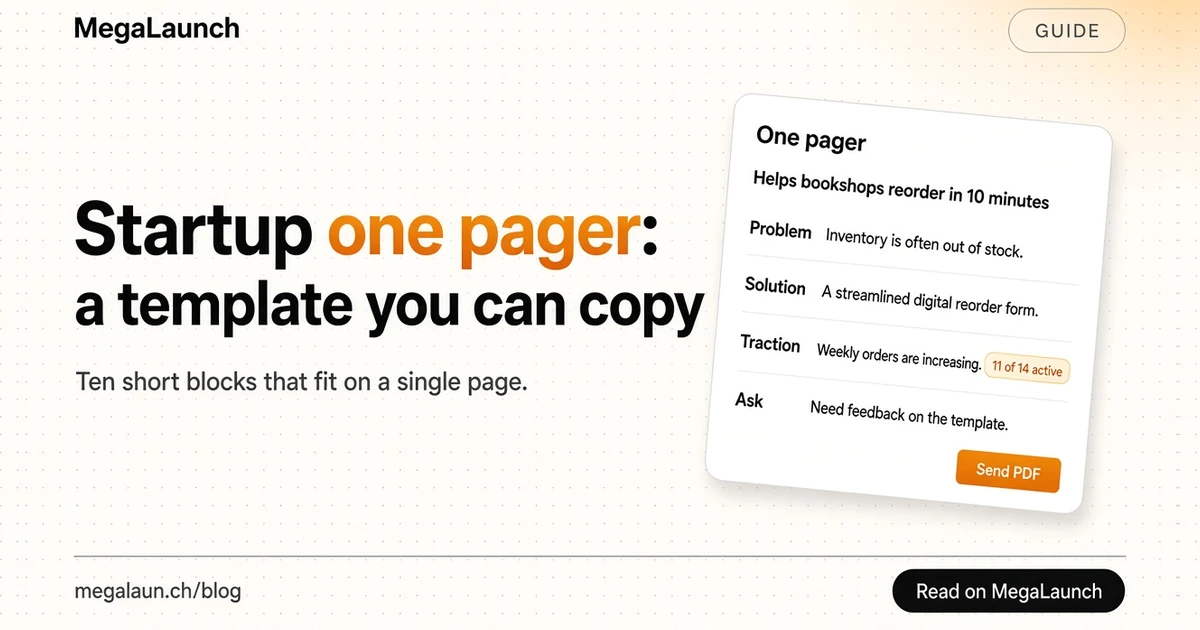 Blog cover showing a one page document with labeled blocks for problem, solution, traction and ask